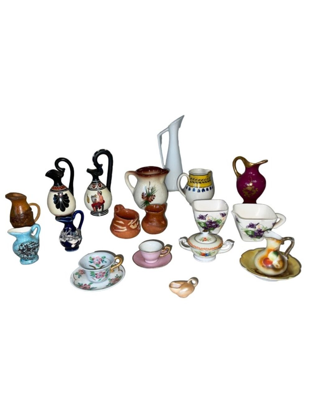 Miniature Ceramic Pitcher & Teacup Collection Lot Of 21 Handpainted Floral & Art